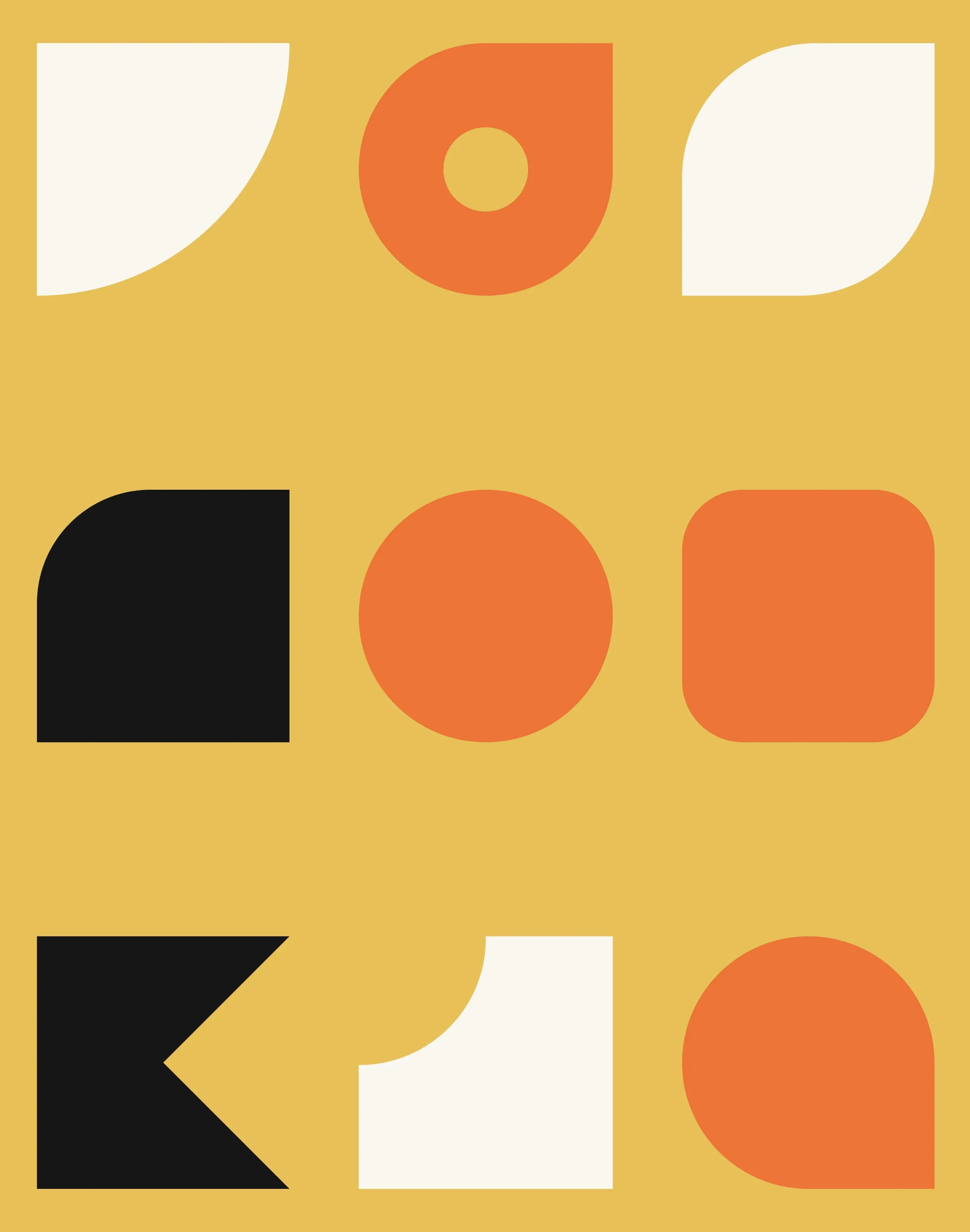 Omhu’s graphic shapes in orange, black and cream on yellow